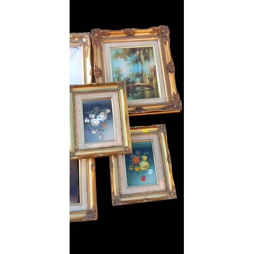 139 - 5 MOULDED GILT FRAMES 4 OF WHICH HAVE PAINTINGS