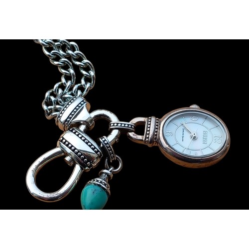 236 - ORNATE SILVER BRACELET WITH ATTACHED SILVER FOB WATCH AND SILVER TURQUOISE CHARM