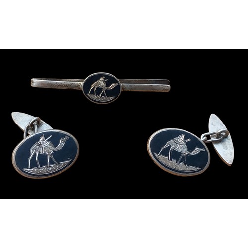 607 - PAIR OF SILVER AND ENAMEL CUFFLINKS WITH MATCHING TIE PIN