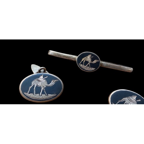 607 - PAIR OF SILVER AND ENAMEL CUFFLINKS WITH MATCHING TIE PIN