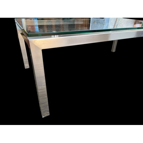 321A - A DESIGNER HIGH QUALITY GLASS TOPPED COFFEE TABLE WITH BUSHED STEEL STYLE FRAME 47x26