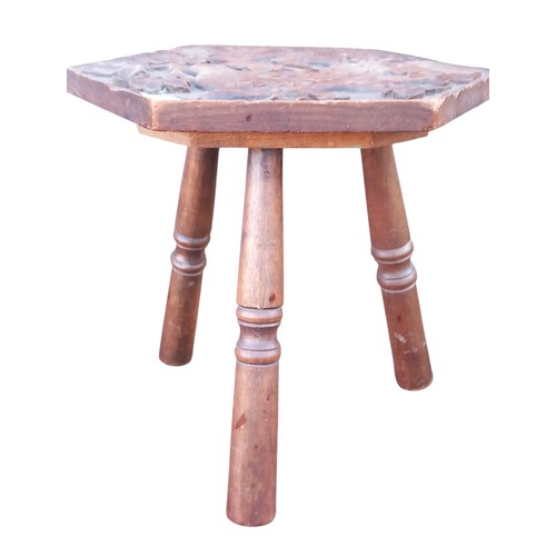 173 - HIGHLY CARVED ANTIQUE OAK 3 LEGGED STOOL