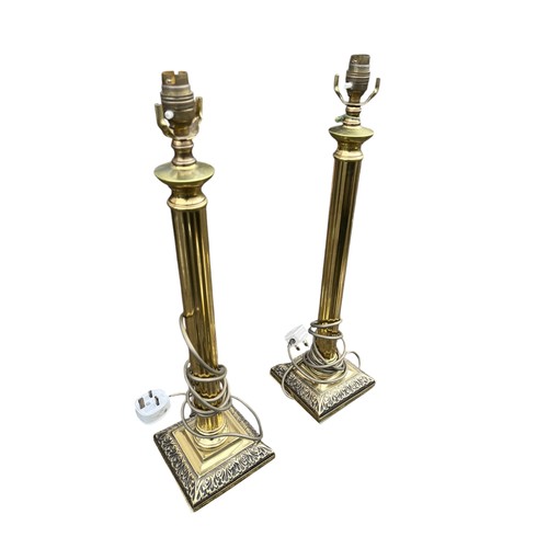 174 - A PAIR OF BRASS CORINTHIAN PILLAR TABLE LAMPS