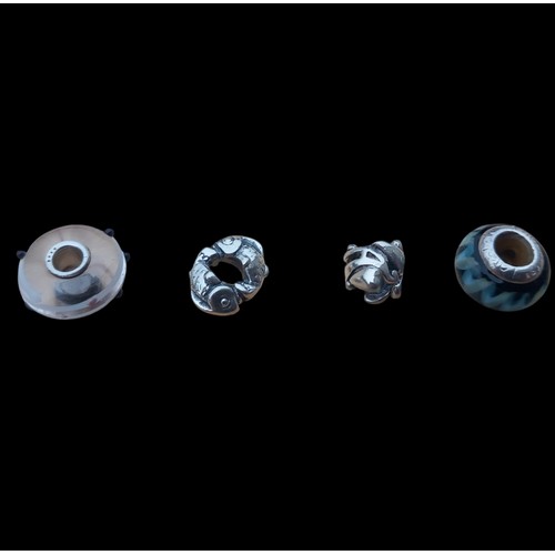 514 - 4 SILVER CHARMS EG BLACK ROUND GLASS , WHITE STRIPE  , FISH ETC