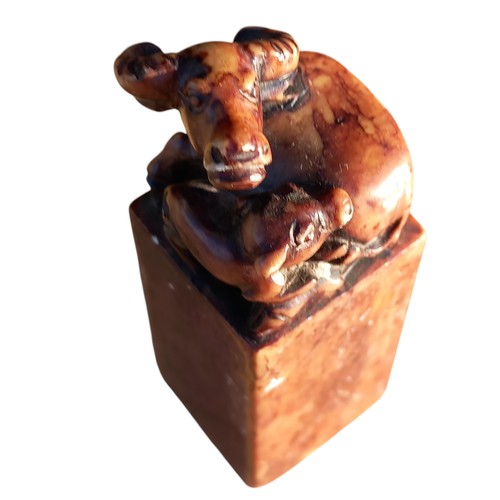 527 - BEAUTIFULY CARVED WATER BUFFALO AND CALF WITH INSCRIPTION ON BASE