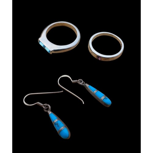 236 - PAIR OF SILVER TURQUOISE EARRINGS,SILVER BLUE TOPAZ RING AND SILVER PINK STONE RING