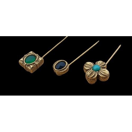 242 - 3 VINTAGE STICK PINS SET WITH TURQUOISE,JET AND GARNET