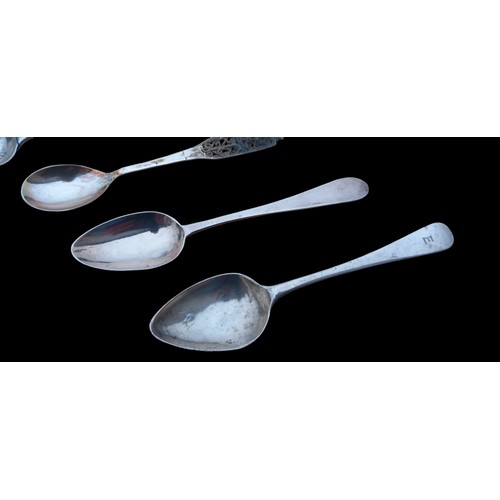 250 - 4 SILVER SPOONS A GEORGIAN SCOTTISH ,ONE WITH FILIGREE AND 2 OTHERS