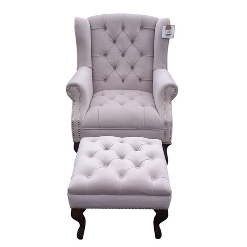 749 - NEW CREAM FABRIC WINGBACK ARMCHAIR AND FOOTSTOOL