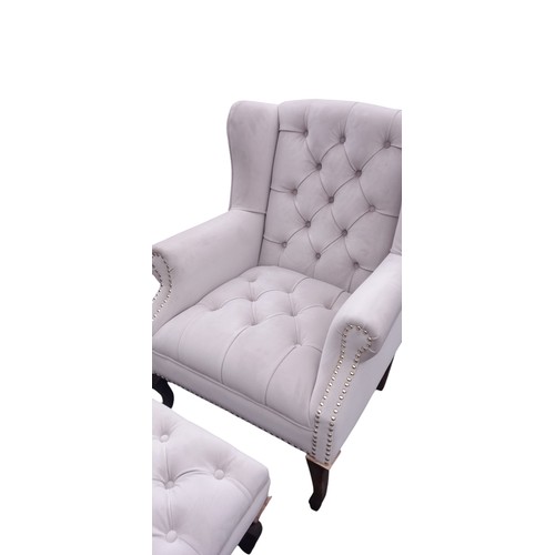 749 - NEW CREAM FABRIC WINGBACK ARMCHAIR AND FOOTSTOOL