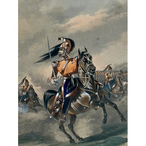 790 - A BEAUTIFUL COLOURED AQUATINT (CIRCA 1840) OF A 6th INNISKILLING DRAGOONS OFFICER (THE SKINS) LEADIN... 