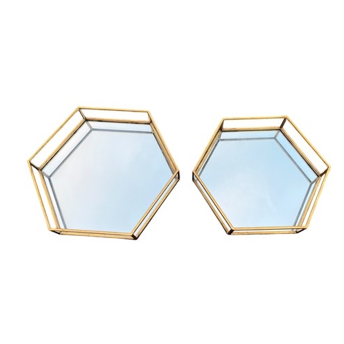 372 - 2 NEW GILT HEXAGONAL TRAYS WITH MIRROR INSET LARGEST IS 18