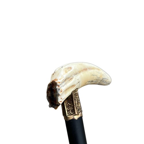 393 - AN ORNATE ELPHANT SEAL TOOTH EBONY SHAFTED WALKING STICK