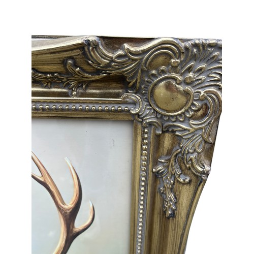 404 - A LARGE GILT FRAMED STAG ON GLASS