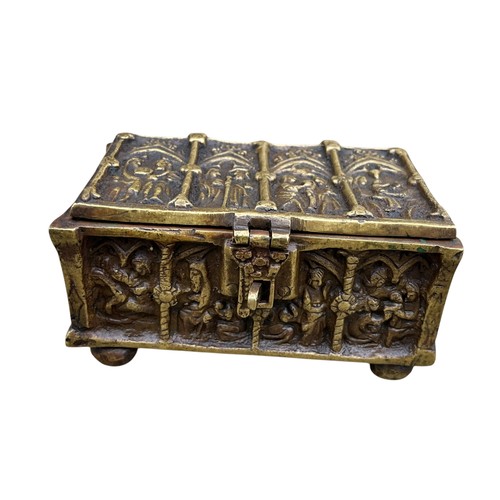 408 - A VERY HEAVY BRASS BOX DISPLAYING MEDIEVAL SCENE 6X3X3.5