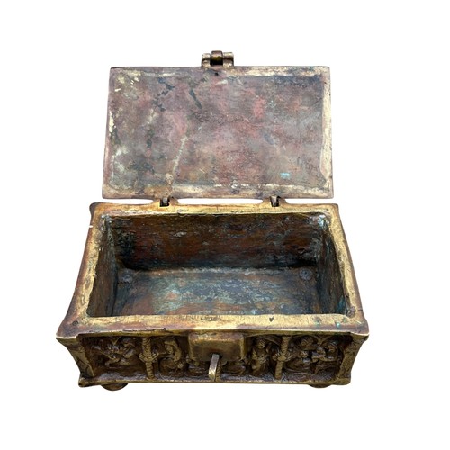 408 - A VERY HEAVY BRASS BOX DISPLAYING MEDIEVAL SCENE 6X3X3.5