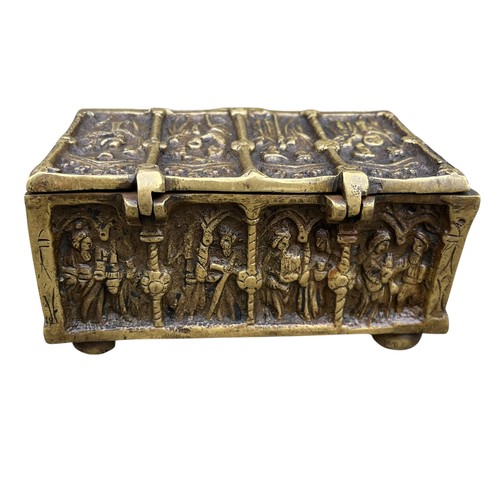 408 - A VERY HEAVY BRASS BOX DISPLAYING MEDIEVAL SCENE 6X3X3.5