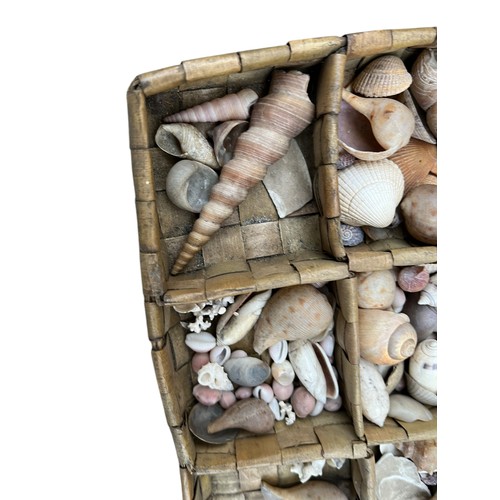 421 - A WICKER MULTI COMPARTMENT BASKET FILLED WITH SEASHORE ITEMS , SHELLS , CORALS ETC