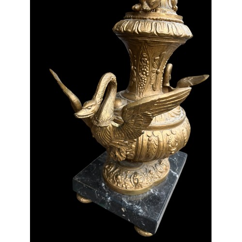 481 - AN EARLY ORNATE BRONZE TABLE LAMP WITH SWAN HEADS