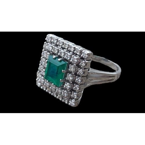 666 - A NEW 18CT WHITE GOLD EMERALD & DIAMOND RING WITH AN EMERALD CUT EMERALD SET WITH 9 CLAWS & 2 ROWS O... 