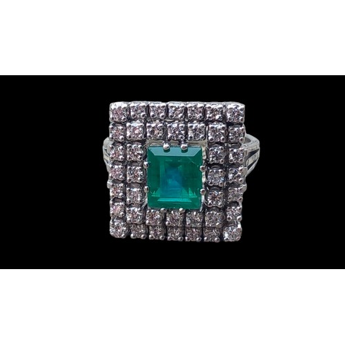 666 - A NEW 18CT WHITE GOLD EMERALD & DIAMOND RING WITH AN EMERALD CUT EMERALD SET WITH 9 CLAWS & 2 ROWS O... 