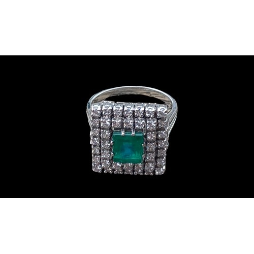 666 - A NEW 18CT WHITE GOLD EMERALD & DIAMOND RING WITH AN EMERALD CUT EMERALD SET WITH 9 CLAWS & 2 ROWS O... 