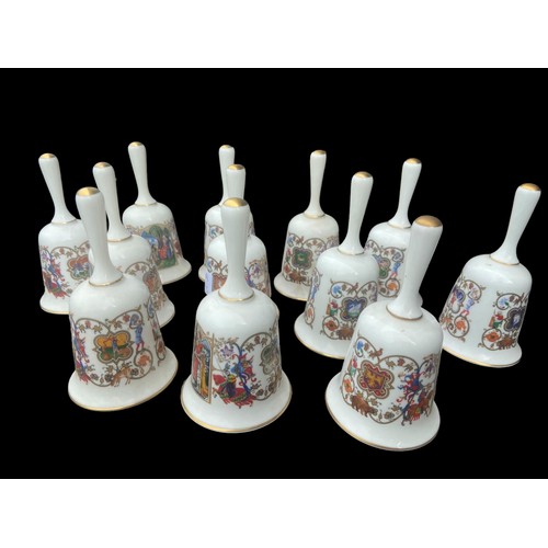 24 - A SET OF LIMITED EDITION FRANKLIN MINT ROMANCE OF CAMELOT BELLS (ALL HAVE A DIFFERENT TONE)