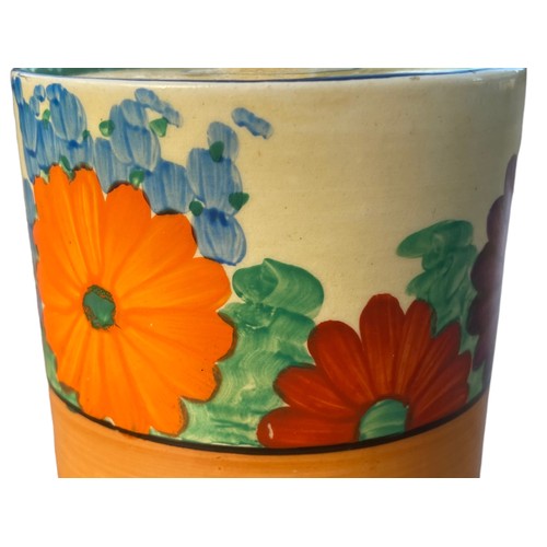 35 - A CLARICE CLIFF BIZARRE PATTERN PRESERVE POT (SLIGHT DAMAGE AS PER PHOTO)