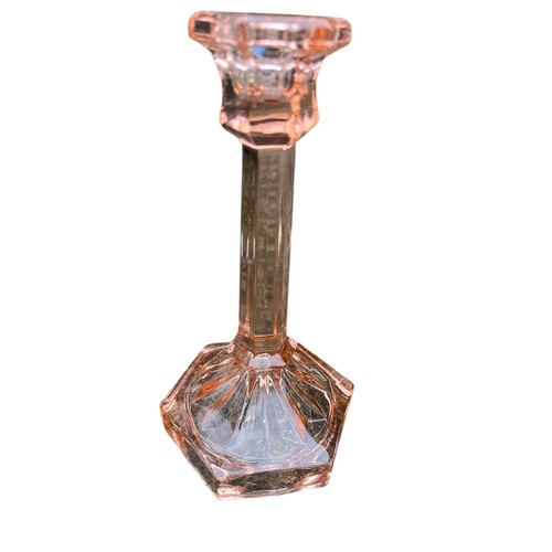 58 - A PINK GLASS FINGER LAMP AND MATCHING CANDLESTICKS