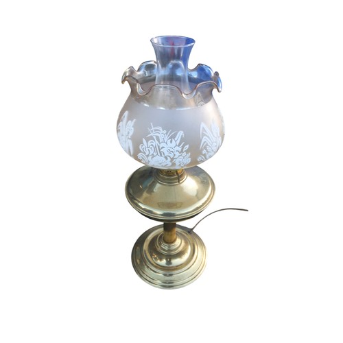 123 - BRASS CONVERTED OIL LAMP WITH FUNNEL & SHADE