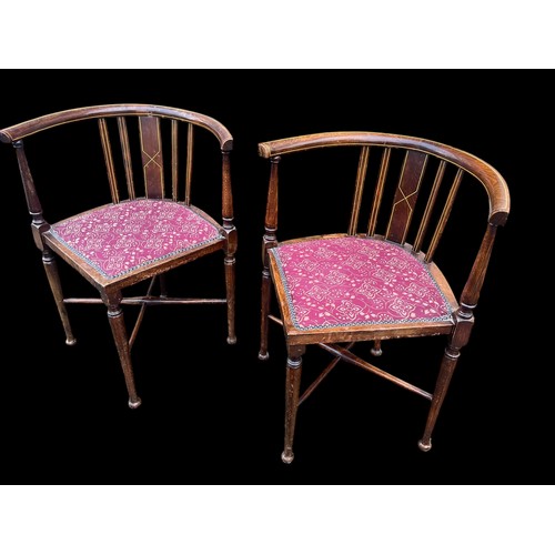 294 - A BEAUTIFUL PAIR OF ANTIQUE INLAID DARK OAK DINING CHAIRS