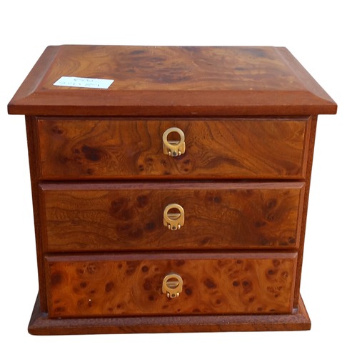 347 - BURR WALNUT 3 DRAWER JEWELLERY CHEST