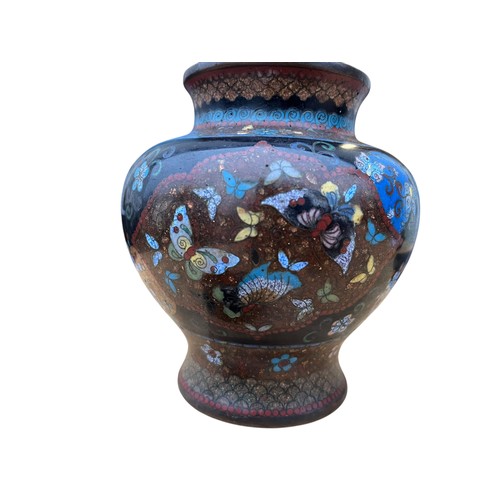 351 - A CLOISONNE JAR AND LID BUTTERFLY DESIGN