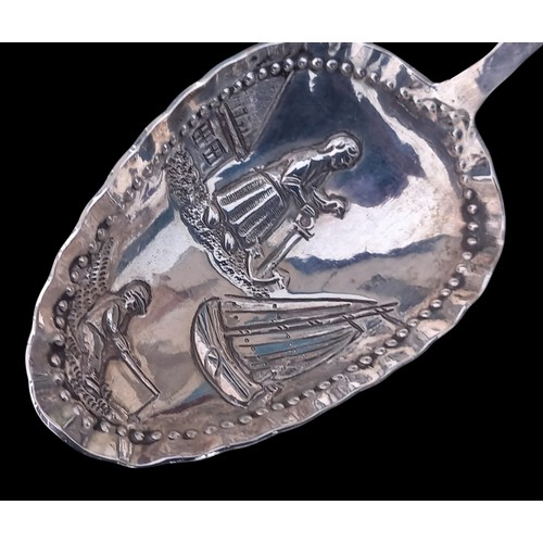 588 - AN UNUSUAL SILVER FEEDIMG SPOON DEPICTING  lake (nautical scene) 30GRM