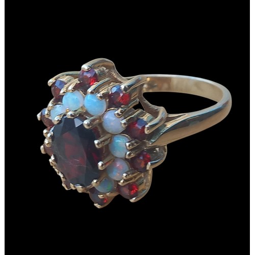 669 - A 9CT GOLD RUBY & OPAL CLUSTER RING