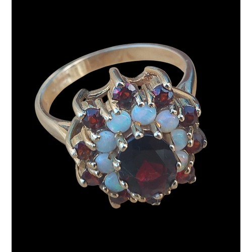 669 - A 9CT GOLD RUBY & OPAL CLUSTER RING