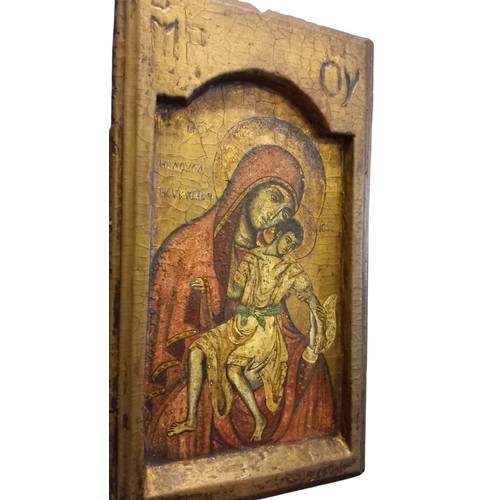 674 - 18TH CENTURY GREEK ICON PAINTING ON WOOD PANEL MARY THEOTOKOS AND JESUS 10X18