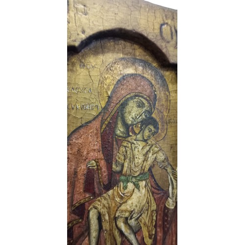 674 - 18TH CENTURY GREEK ICON PAINTING ON WOOD PANEL MARY THEOTOKOS AND JESUS 10X18