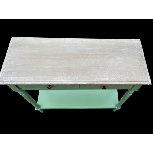 472 - A NEW GREEN BASED WASHED TOP 2 DRAWER CONSOL TABLE