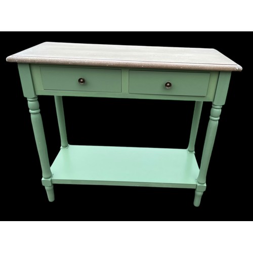 472 - A NEW GREEN BASED WASHED TOP 2 DRAWER CONSOL TABLE