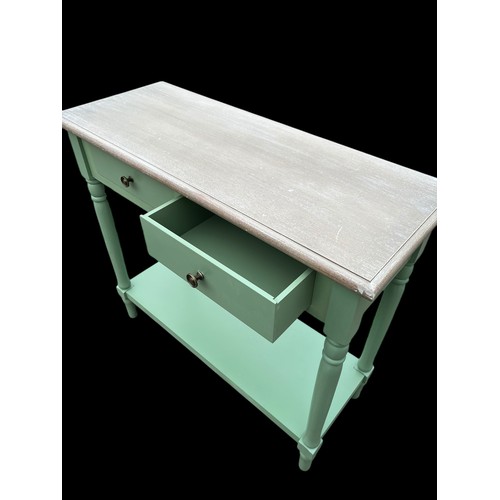 472 - A NEW GREEN BASED WASHED TOP 2 DRAWER CONSOL TABLE