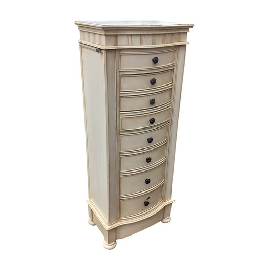 477 - A BEAUTIFUL CREAM BOW FRONTED MULTI DRAWERED JEWELLERY CHEST