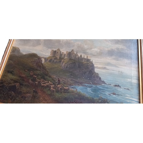 722 - A LARGE ANTIQUE OIL ON CANVAS OF DUNLUCE CASTLE SIGNED A DUNINGTON 1894