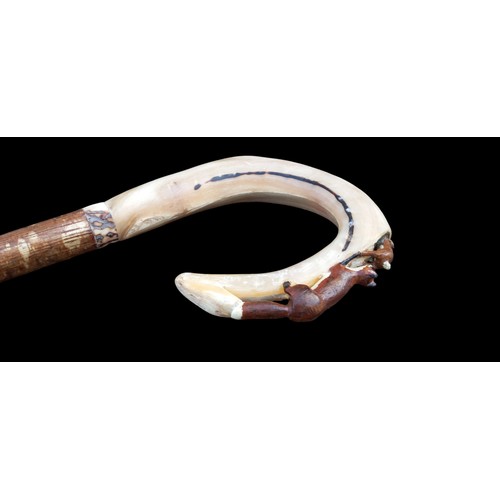 729 - A SUPERB SHEPHERDS CROOK WITH HORN HANDLE CARVED WITH FOX CHASING A HARE