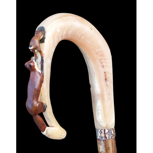 729 - A SUPERB SHEPHERDS CROOK WITH HORN HANDLE CARVED WITH FOX CHASING A HARE