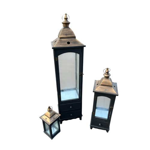 734 - A SET OF 3 NEW DARK GREY AND BRONZED FINISHED LANTERNS