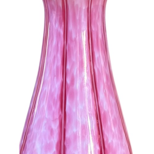 660 - A STUNNING ART GLASS PINK VASE WITH A SILVER RIM