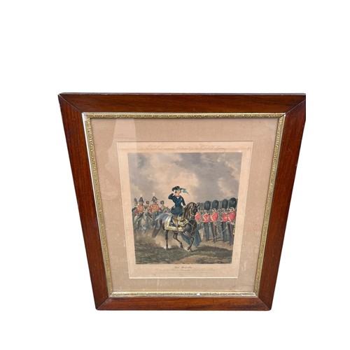 743 - A COLOURED AQUATINT OF A YOUNG QUEEN VICTORIA REVIEWING THE  GRENADIERS CIRCA 1840 VERY SMALL WATER ... 