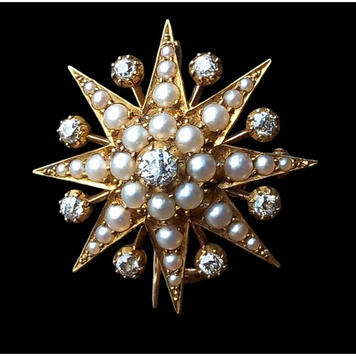 670A - A TRULEY STUNNING 15CT GOLD FOB BROOCH SET WITH 8 QUALITY DIAMONDS & PEARLS OF EXCEPTIONAL QUALITY S... 