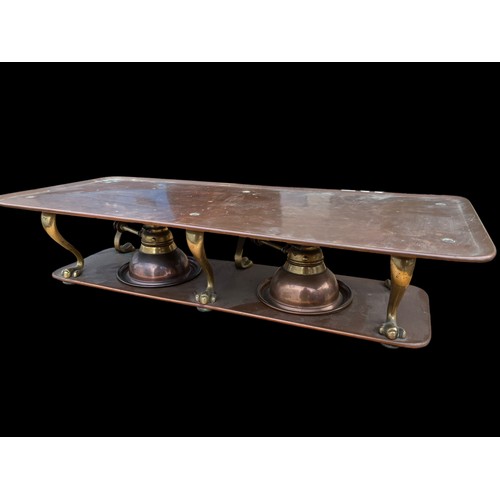 700A - A BEAUTIFUL VICTORIAN COPPER AND BRASS PAW FOOTED FOOD WARMER WITH A DOUBLE REMOVABLE HINKS BURNER M... 